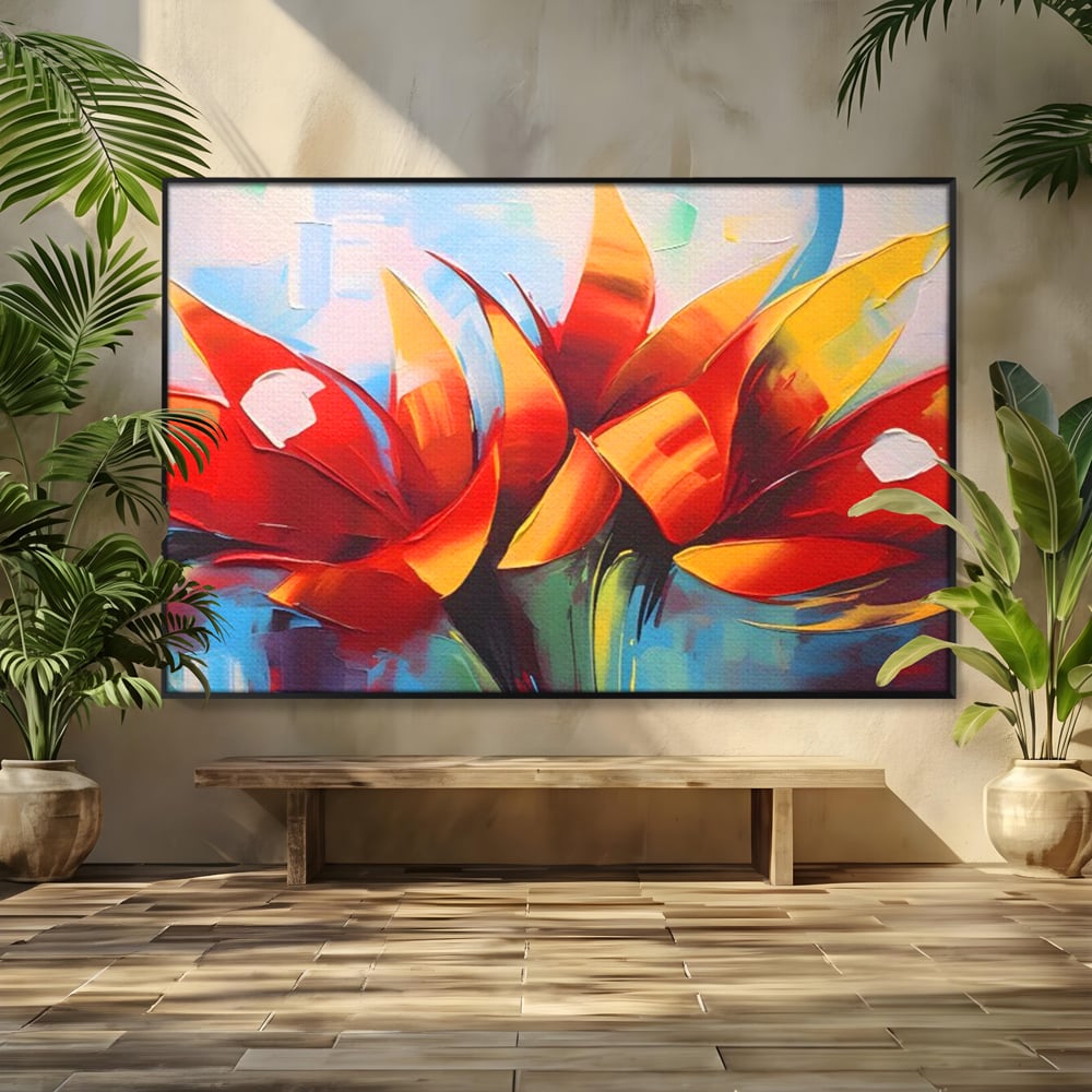 Tablou canvas cu pictura abstracta cu flori portocalii, in rama de aluminiu negru
